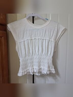 Miou Muse White Ruffled Smocked Waist Top Size Small